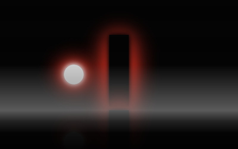 a white orb floating beside a black structure with a red aura