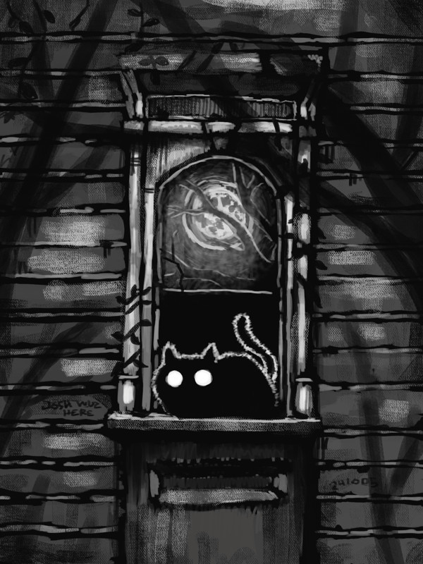 an animation of a black cat on a windowsill and a tiny ghost flying through some tree branches under the light of a full moon