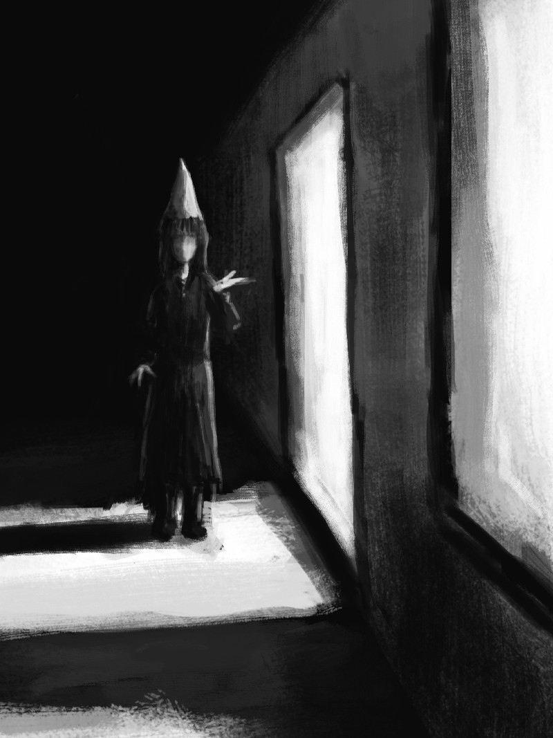 a faceless girl wearing a conical hat stands outside in the dark, partially illuminated by a bright light coming from an open door