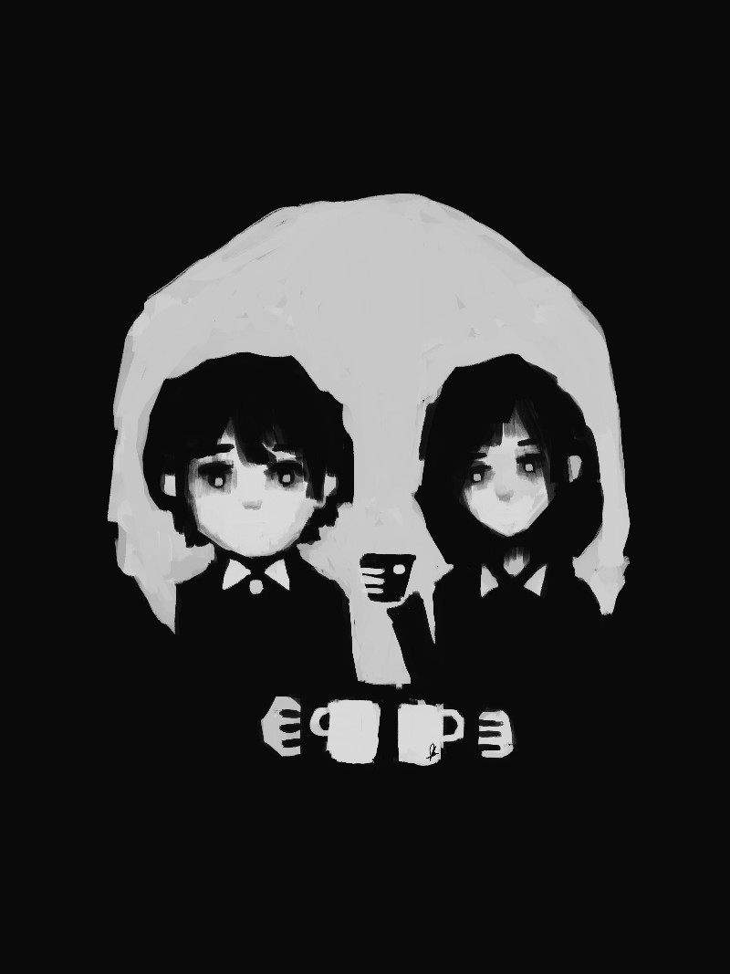 an illustration of two people drinking coffee together; the whitespace forms a skull