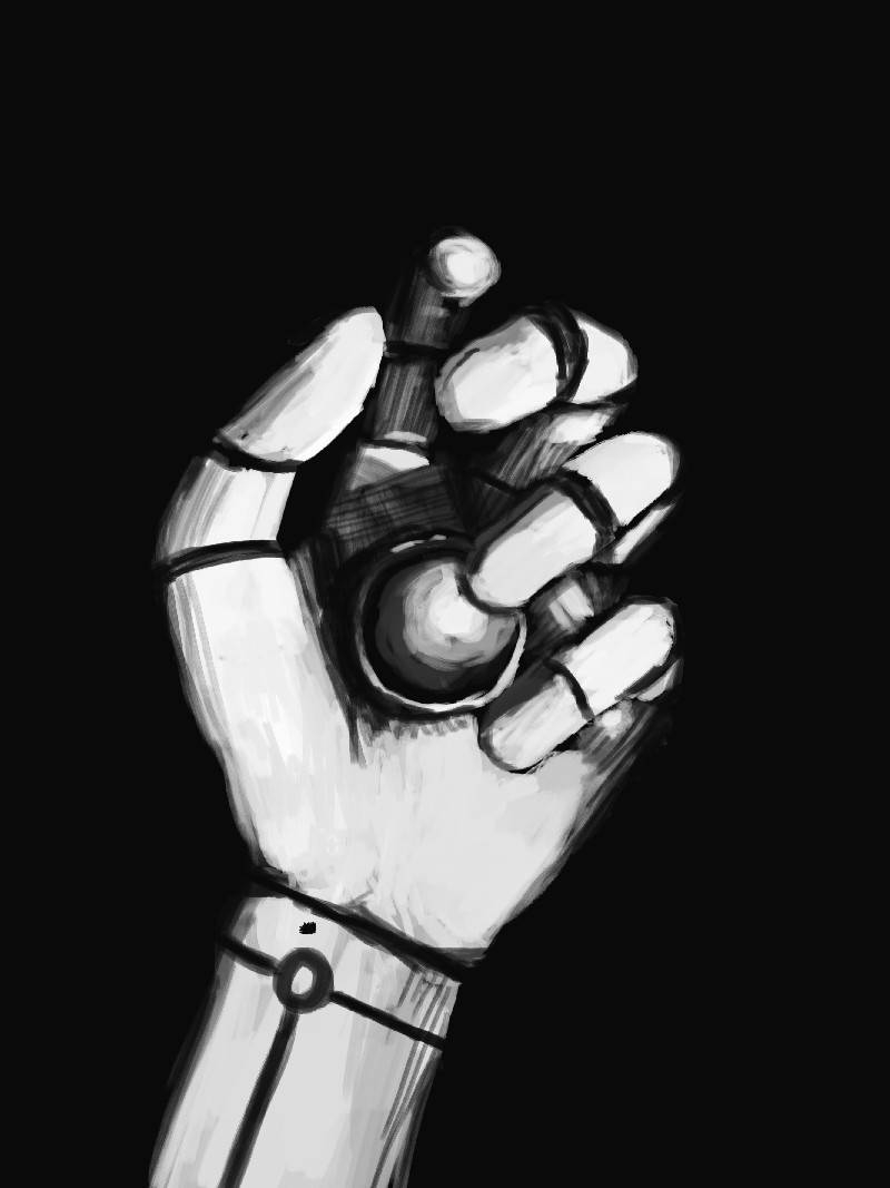 a robot hand holding a dark spherical object