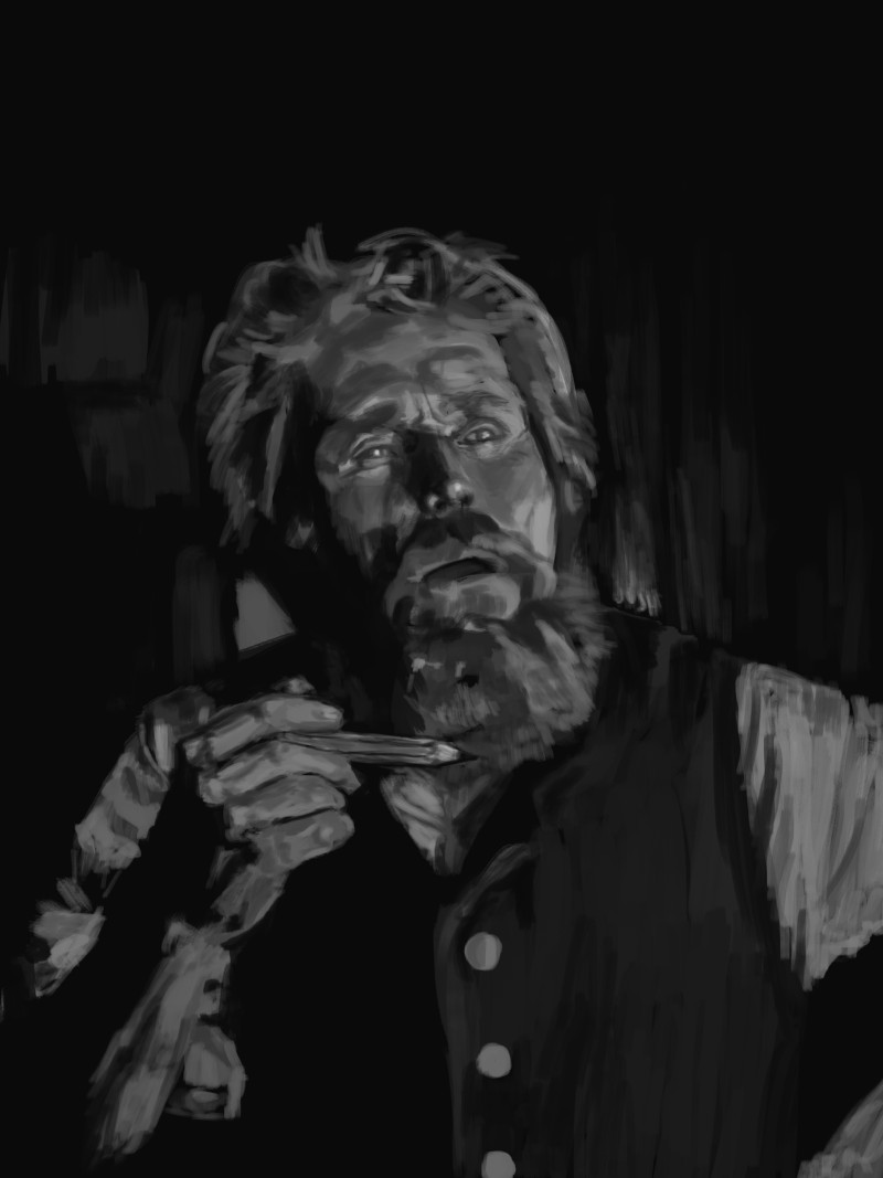 a portrait of Wilhelm Dafoe's character in The Lighthouse (but holding a pencil instead of a pipe)