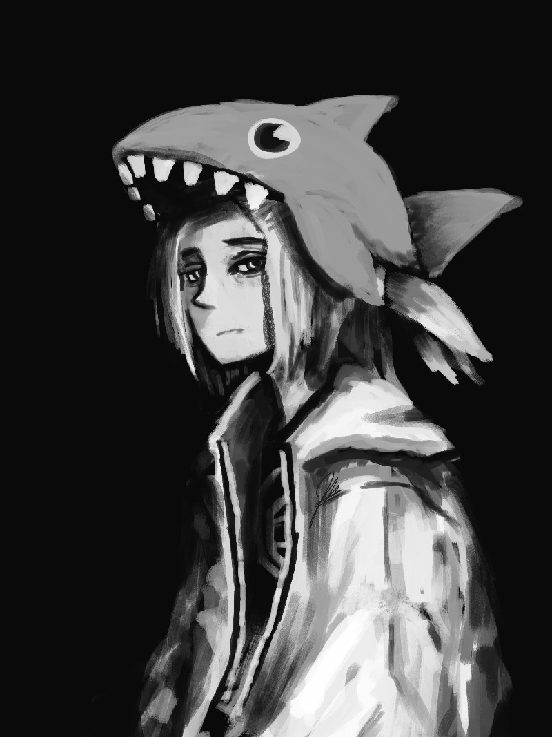 a person with a shark cap