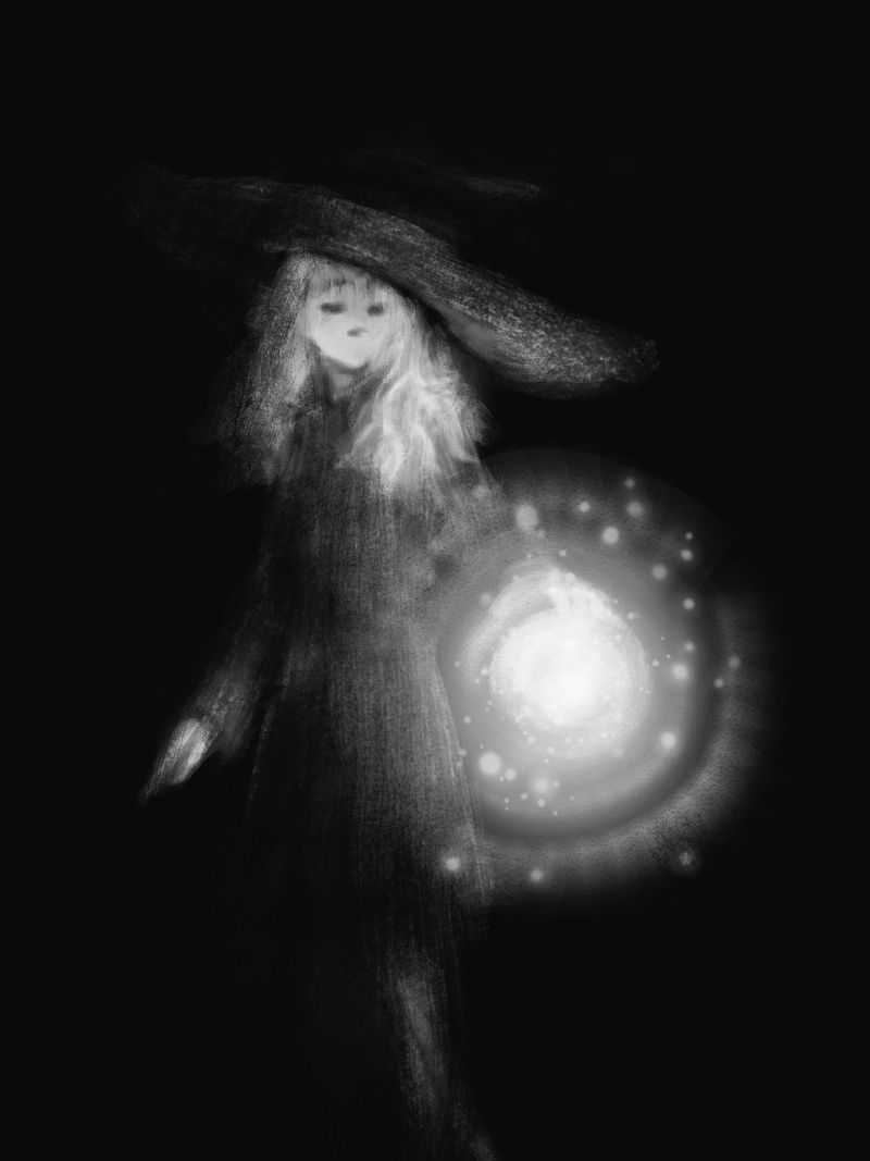 a witch conjuring a glowing sphere