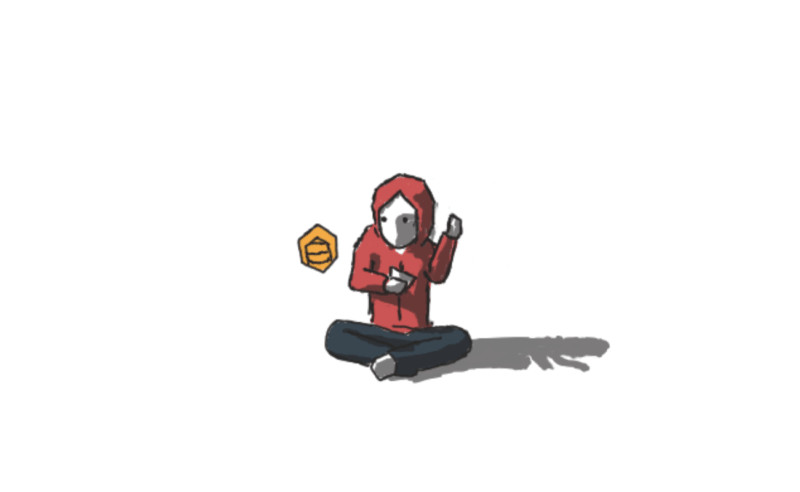 a man in a red hood wakes up, sits up, checks his phone, and watches an orange blob emerge from it