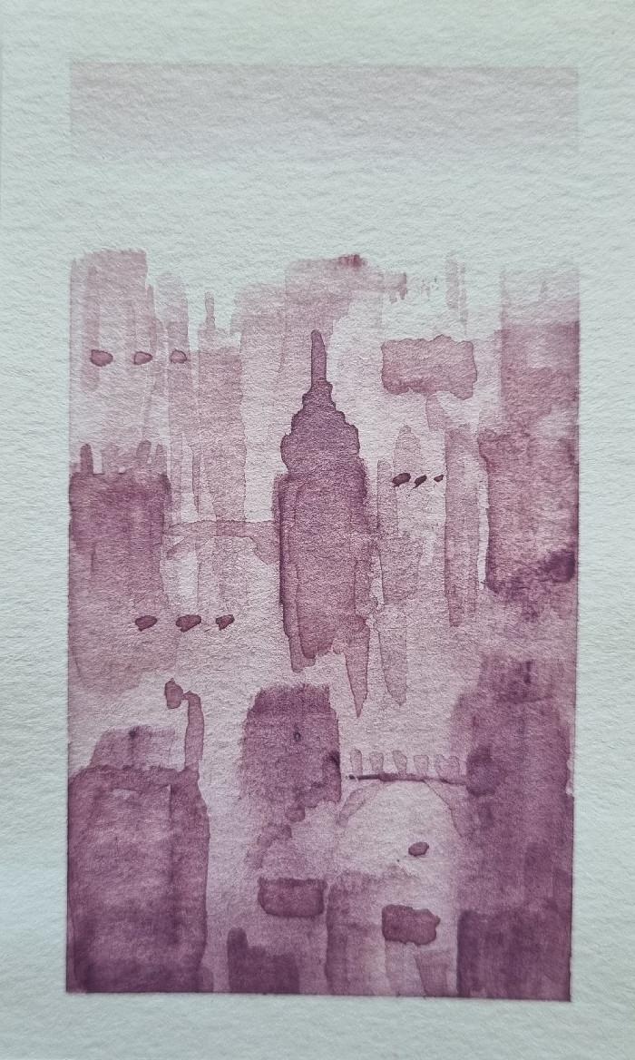 a purple misty cityscape