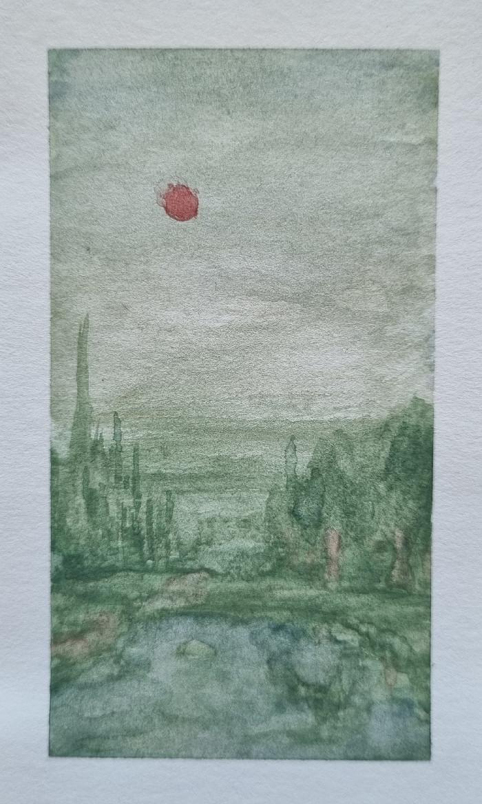 a red sun over a green forest