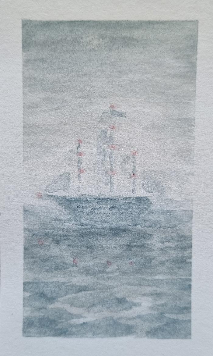 a blue ship on a calm sea