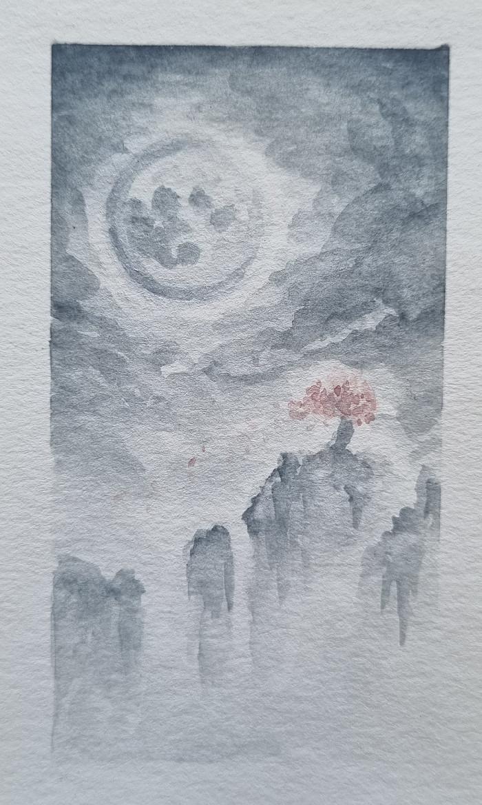 a moon over a cherry tree on a cliff