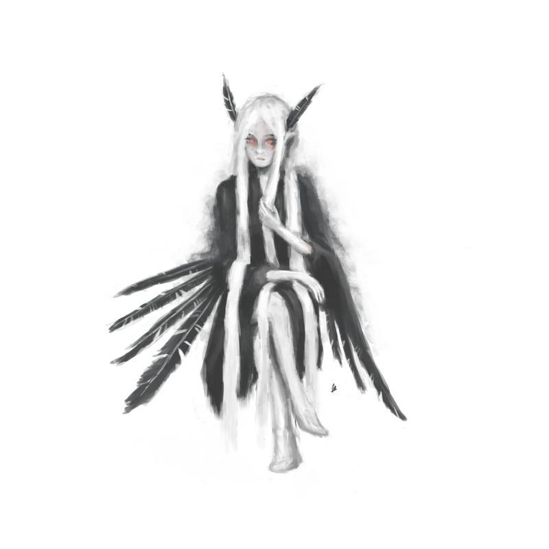 a seated pale woman with long white hair and adorned with giant crow feathers