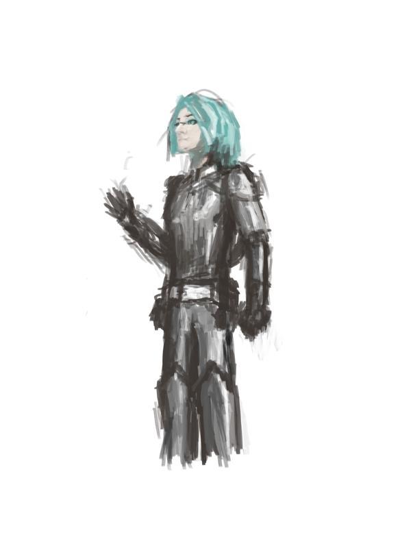 a cyan-haired person wearing a suit of armour