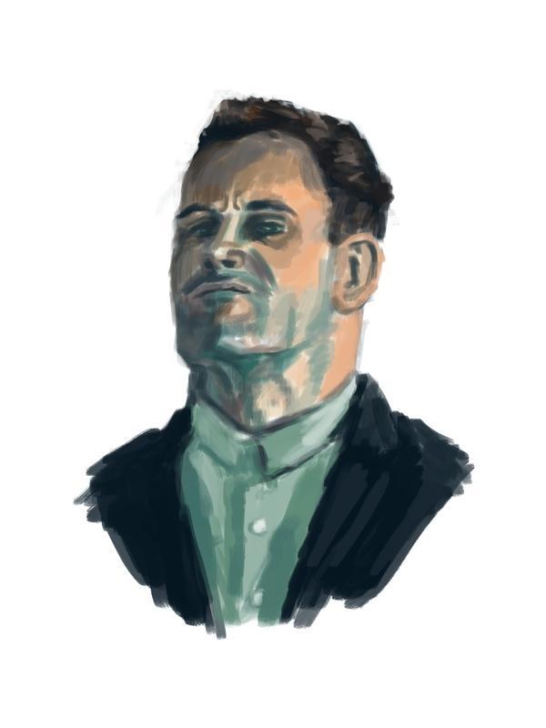 a cartoonish portrait of Jonny Lee Miller with an unamused expression