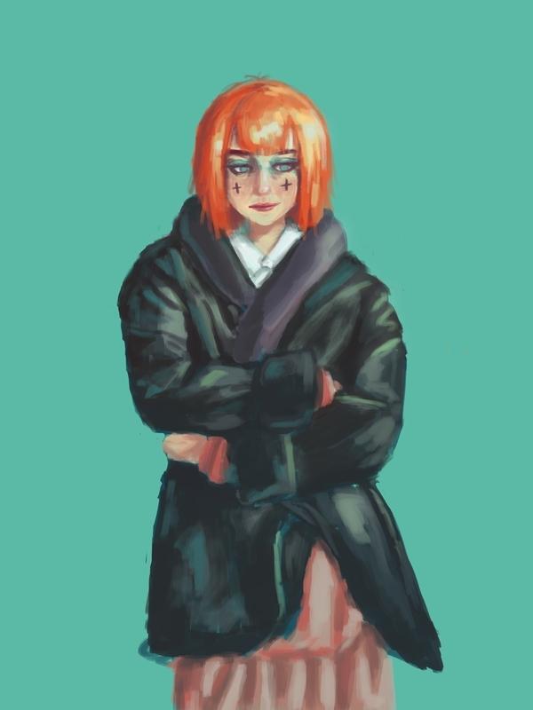 an orange-haired woman wearing a coat