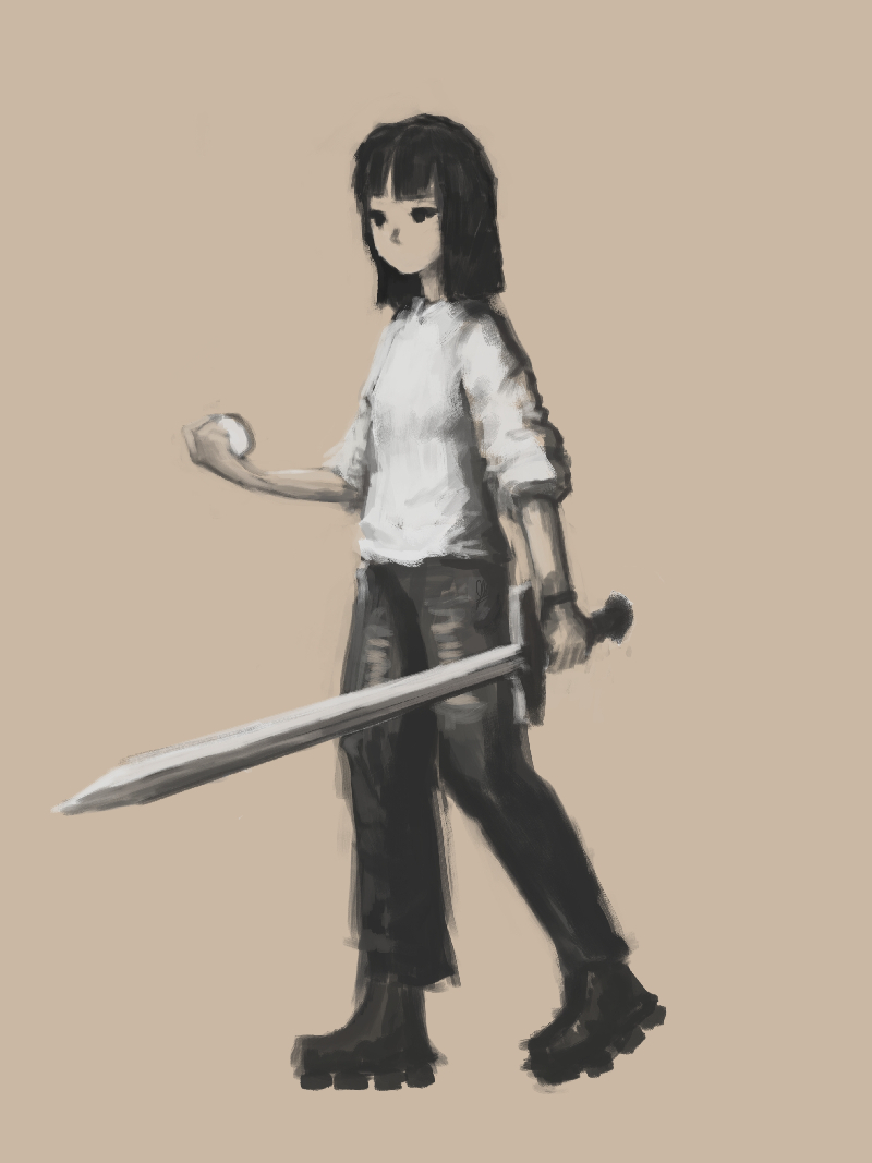 a girl holding a ball and a sword, walking towards somewhere