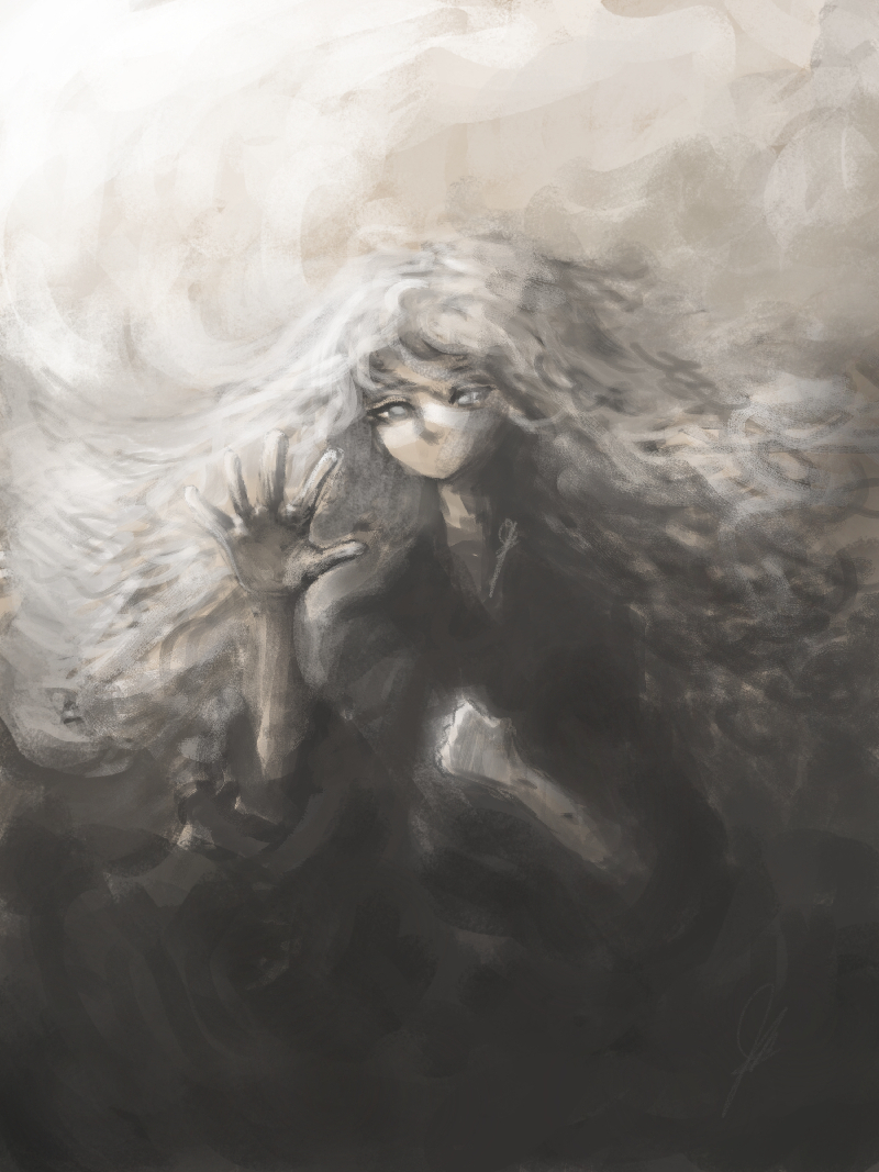 a girl with a hand up, her long white hair mixing with the light and into a stormcloud-like fog that surrounds her