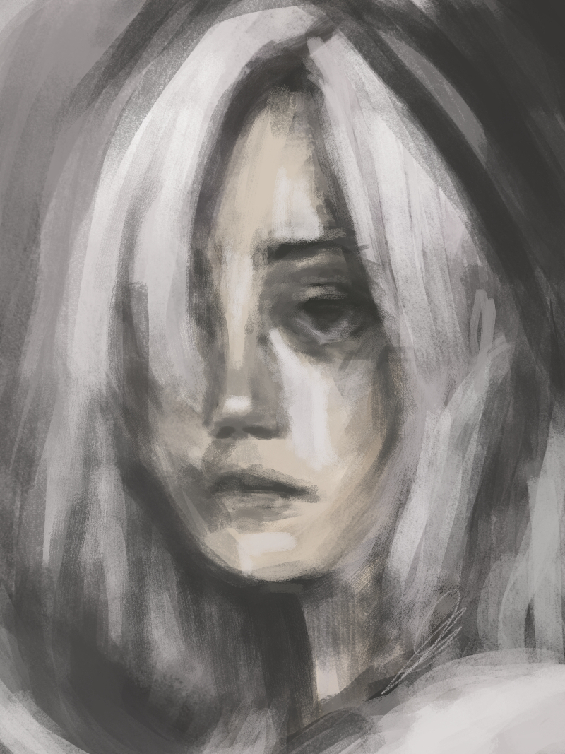 grey-haired girl with looking sad and stuff