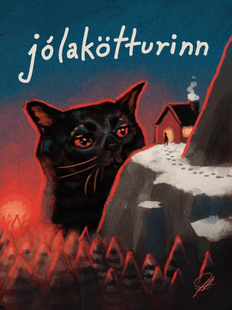 the zoning out meme black cat as the Icelandic Yule cat gazing upon a red house on a snowy cliffside as the sun sets