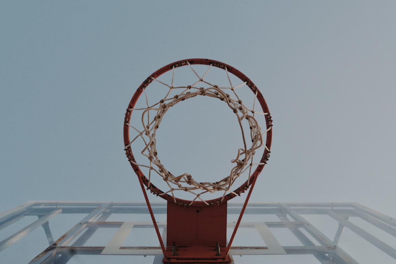 a basketball hoop shot from underneath