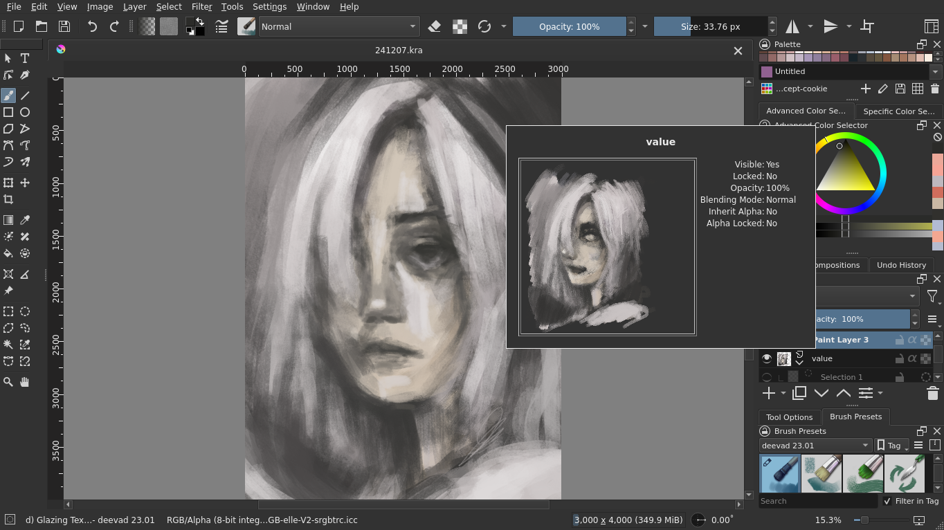 screenshot of Krita, showing a painting with a different version in the layer beneath