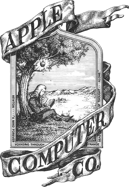 first logo of Apple designed by Ronald Wayne, featuring Sir Isaac Newton sitting under the apple tree where he supposedly discovered gravity, by an apple falling on his head.