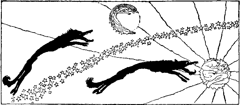 An illustration by Willy Pogany from a chapter from Children of Odin entitled 'How Loki wrought mischief on Asgard'. The wolf Sköll chases the personified sun, Sól, and his brother Hati Hróðvitnisson chases the personified moon, Máni, from Norse mythology.