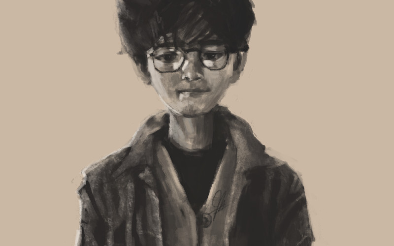 self-portrait in my typical attire: glasses, black shirt, truffle jacket