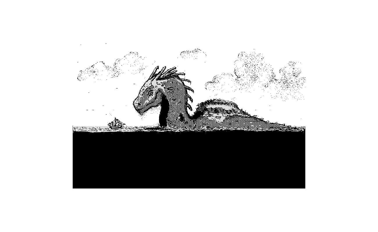 a giant sea-dragon with an island on its back greets a ship
