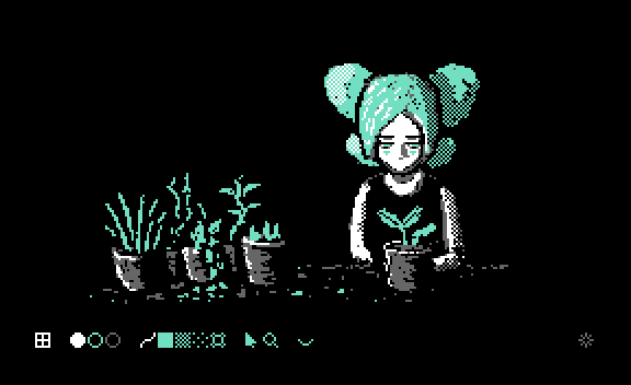 a girl stands by a desk with potted plants on it and stares sadly at a plant
