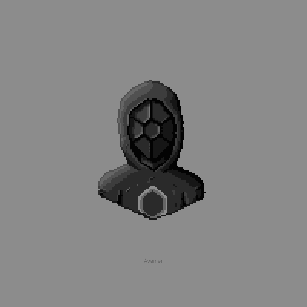 a grey hooded figure wearing a hexagonal helm