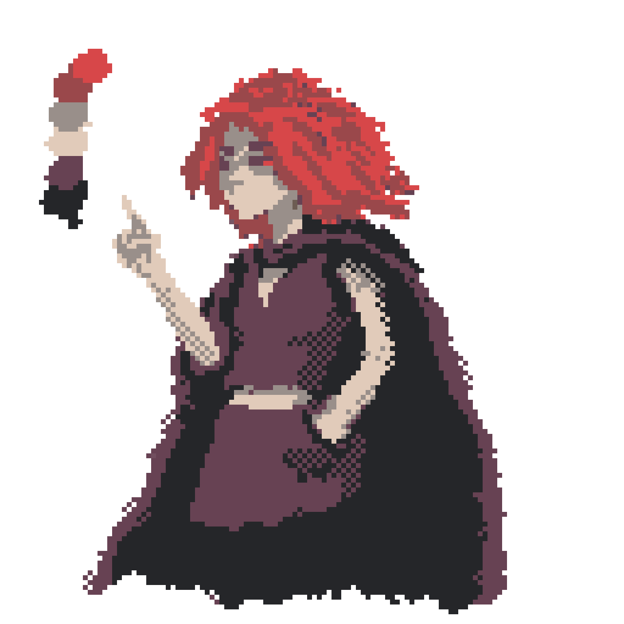 a portrait of a caped red-haired girl