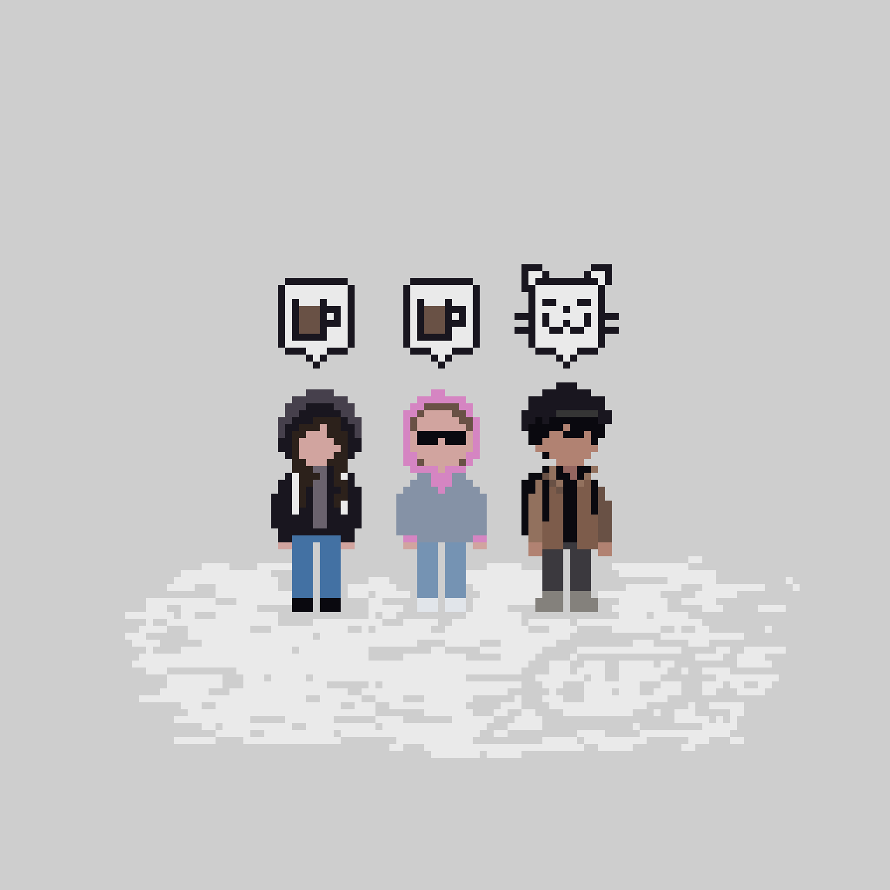 three people standing together on snow, two are thinking of coffee, the third is thinking of cat