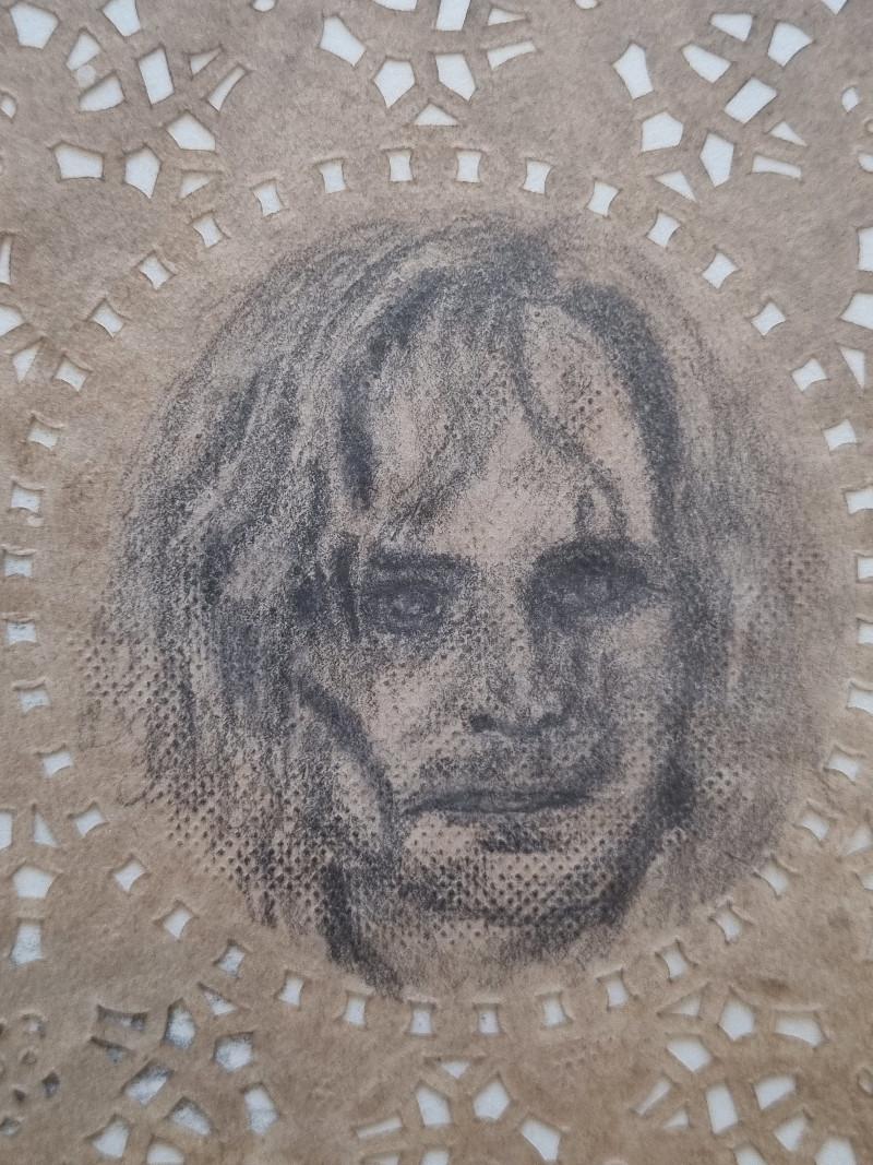 Dustfinger (Inkheart), graphite on coffee-stained paper doily