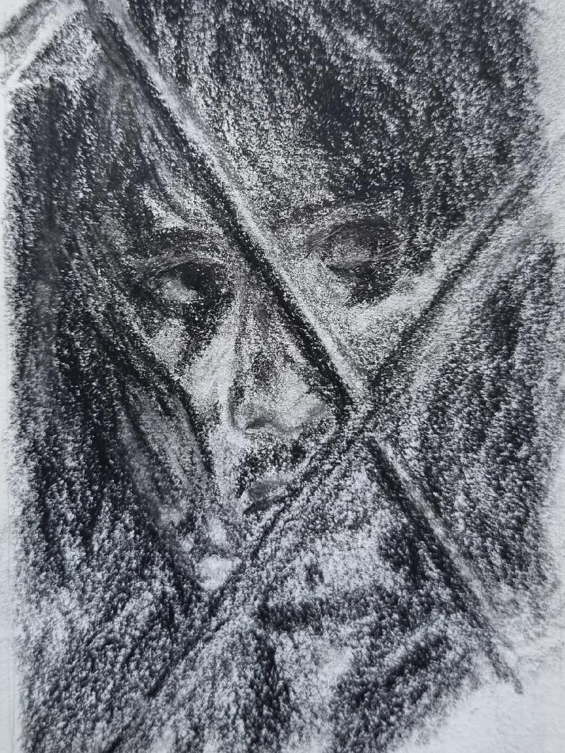 Aragorn looking out the window, charcoal and graphite on paper