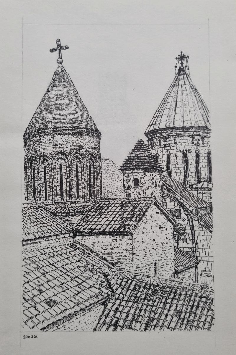 micron line art of Ananuri castle in Dusheti, Georgia