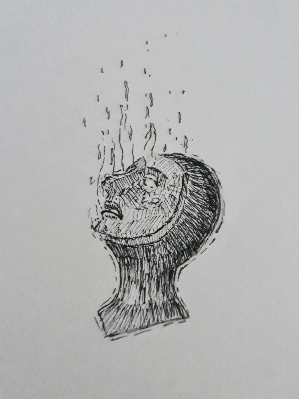 drawing of a being with an evaporating face