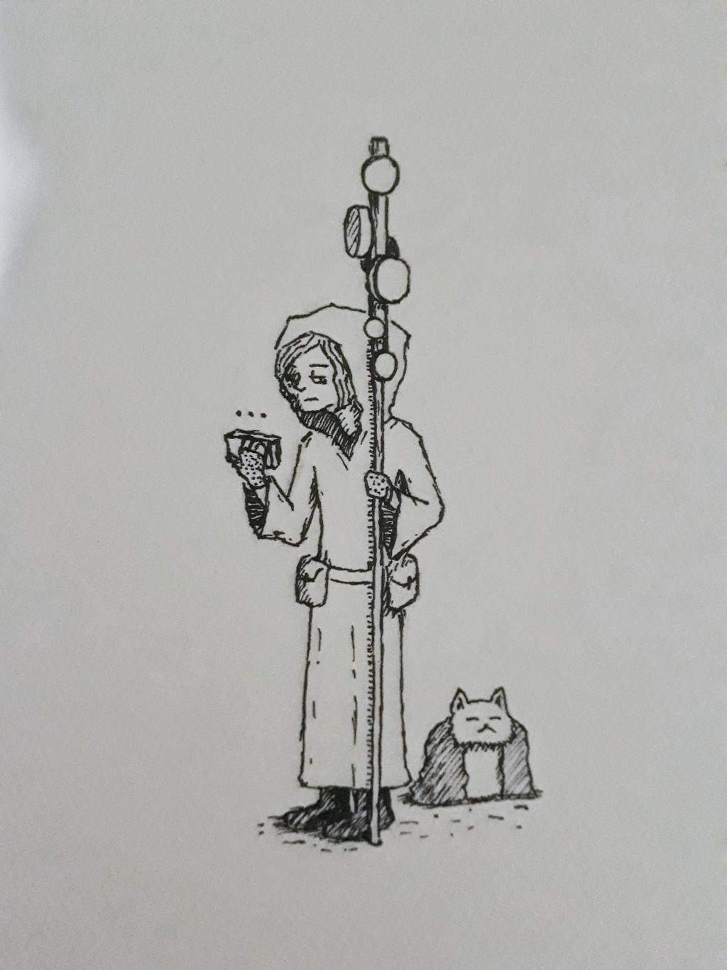 a drawing of a person holding an antenna staff; there's also a cat with a blanket