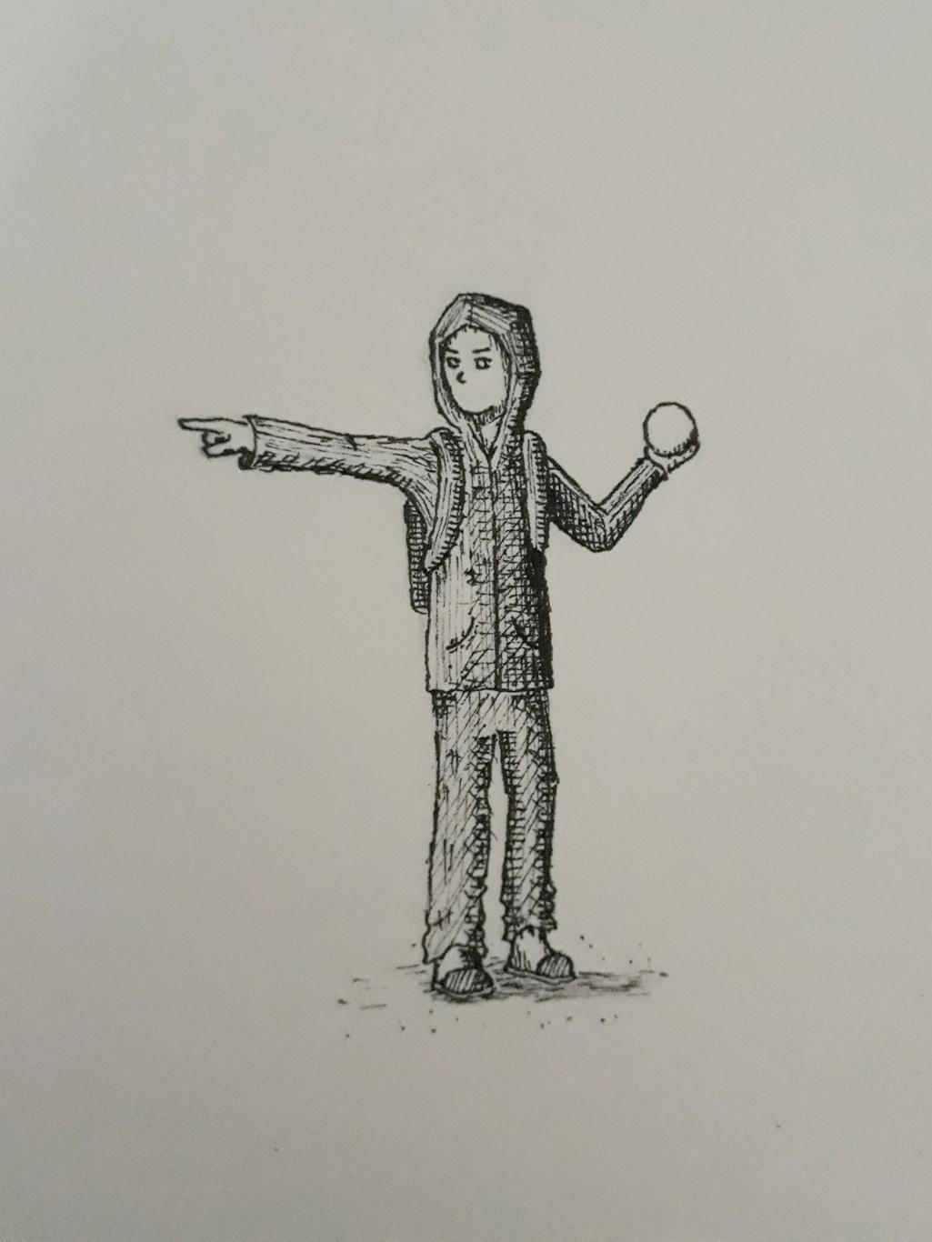 drawing of a hooded person throwing a snowball