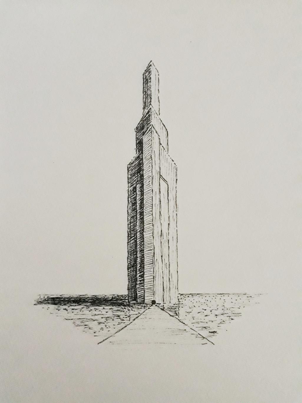 drawing of a tower in a desert