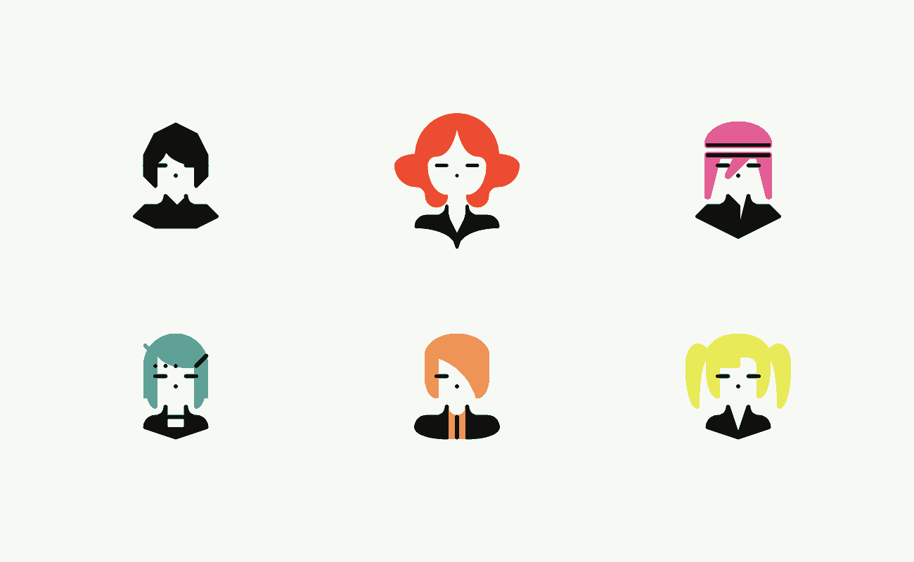 a set of small portraits: a man in a hood, a red-haired woman, a pink-haired woman with a headband, a blue-haired woman, an orange-haired man, and a blonde woman with pigtails